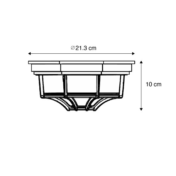 Maßzeichnung einer Deckenleuchte mit einem Durchmesser von 21,3 Zentimetern und einer Höhe von 10 Zentimetern.