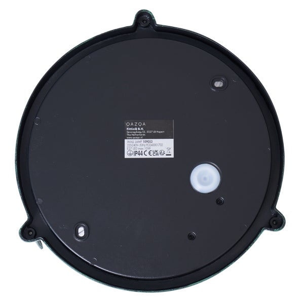 Rückseite einer runden Wandleuchte mit Montageplatte, technischem Etikett und Kabeleinführung.