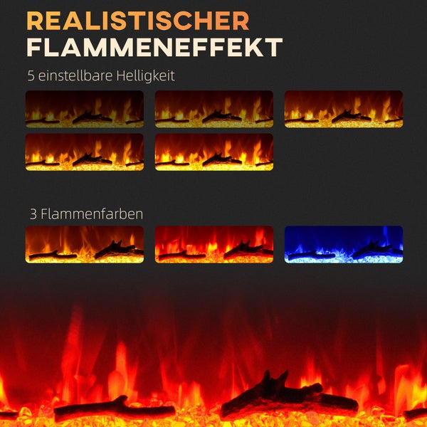 Realistischer Flammeneffekt mit fünf einstellbaren Helligkeitsstufen und drei Flammenfarben.