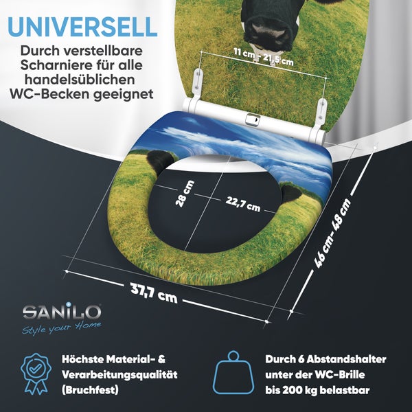 Sanilo WC-Sitz mit Kuh-Motiv, Maße circa 37,7 mal 48 Zentimeter, verstellbare Scharniere, belastbar bis 200 Kilogramm, bruchfest, Sanilo Logo.