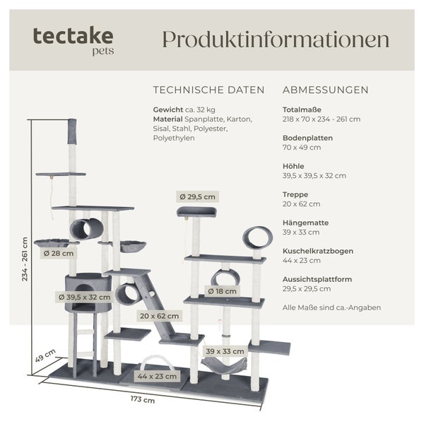 Kratzbaum tectake Snooky inklusive 2 Treppen, 2 Spielkordeln, Kratzbogen, Deckenspanner und Kippschutz 234 bis 261 cm grau