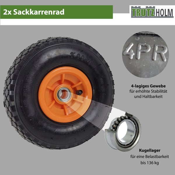 Zwei TrutzHolm Sackkarrenräder 3.00-4 mit 4-lagigem Gewebe und Kugellager für eine Belastbarkeit bis 136 Kilogramm.