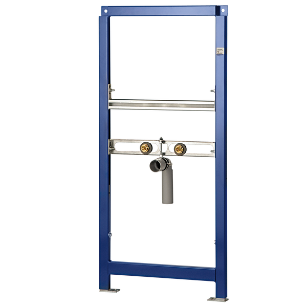 KWC Vorwandelement für Waschtisch, blaues Metallgestell mit Anschlüssen und Ablaufrohr.