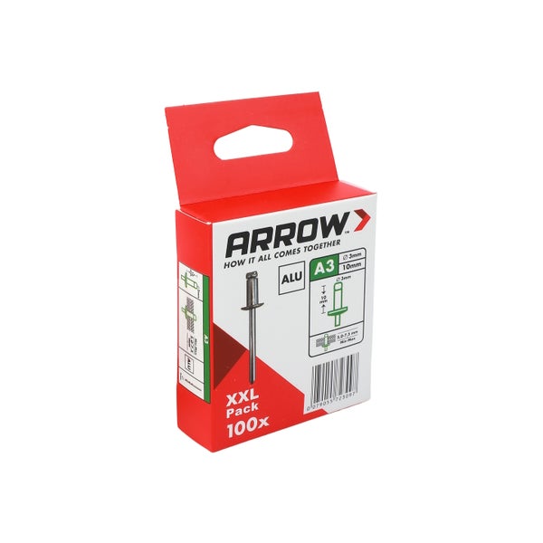 Arrow XXL Packung mit 100 Stück Aluminium Blindnieten, Durchmesser 3 Millimeter und Länge 10 Millimeter.