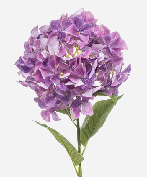 Künstliche Hortensie mit violetten Blüten, grünem Stiel und Blättern.