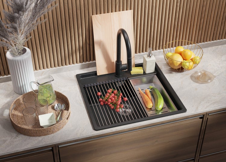 PRIMAGRAN Eckspüle Anthrazit 56x53cm, Granitspüle 1 Becken + Ablauf-Set + Schneidebrett, Küchenspüle ab 60er Unterschrank - Bergen