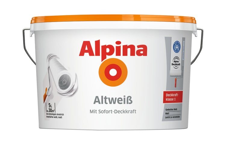 Alpina Wandfarbe Altweiß, matte Innenfarbe, 5 Liter Eimer für circa 30 Quadratmeter, Deckkraftklasse 1, Blauer Engel Umweltsiegel.