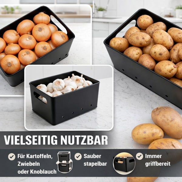 Set aus stapelbaren Vorratsboxen mit Belüftungslöchern für die Lagerung von Kartoffeln Zwiebeln und Knoblauch in der Küche