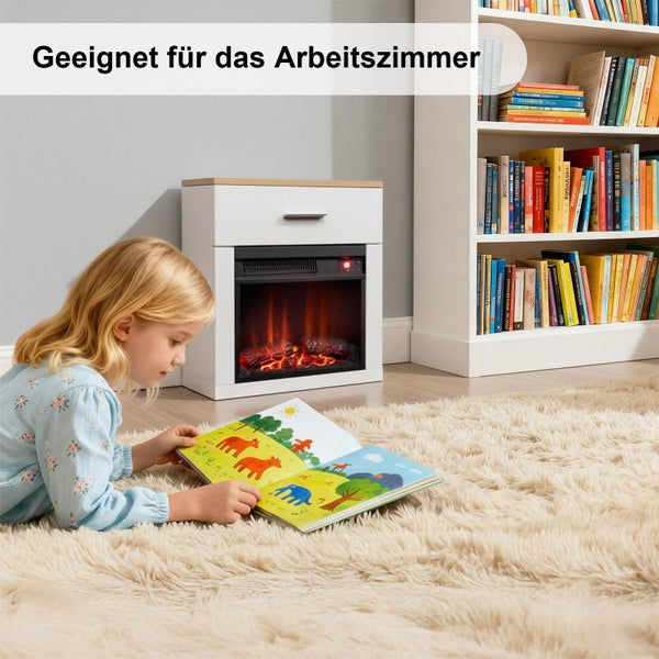 Szene mit Mädchen, das ein Buch vor einem Elektrokamin und einem Bücherregal liest. Geeignet für das Arbeitszimmer.