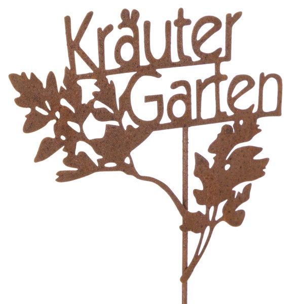 Gartenstecker Kräuter Garten aus Metall in Rostoptik mit dekorativen Blattmotiven.
