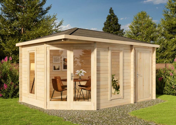 Alpholz 5-Eck Gartenhaus Liwa Compact mit Anbau Gartenhaus aus Holz, Holzhaus mit 40 mm Wandstärke, Blockbohlenhaus mit Montagematerial, Naturbelassen 4,4x3m