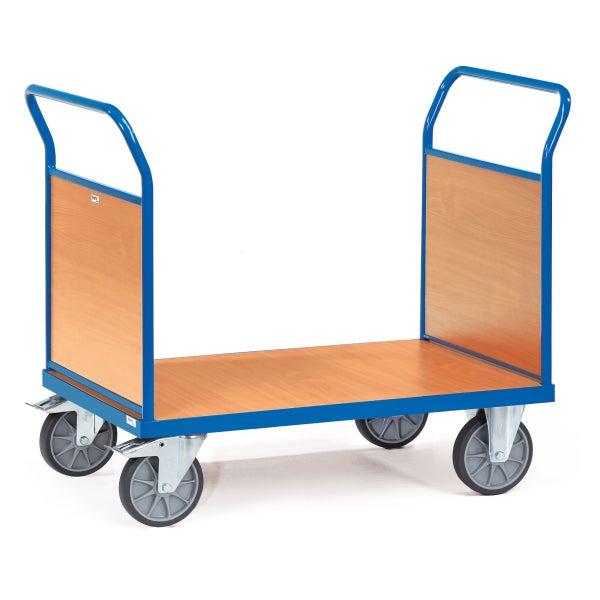 Plattformwagen mit Holzplatte und blauem Rahmen