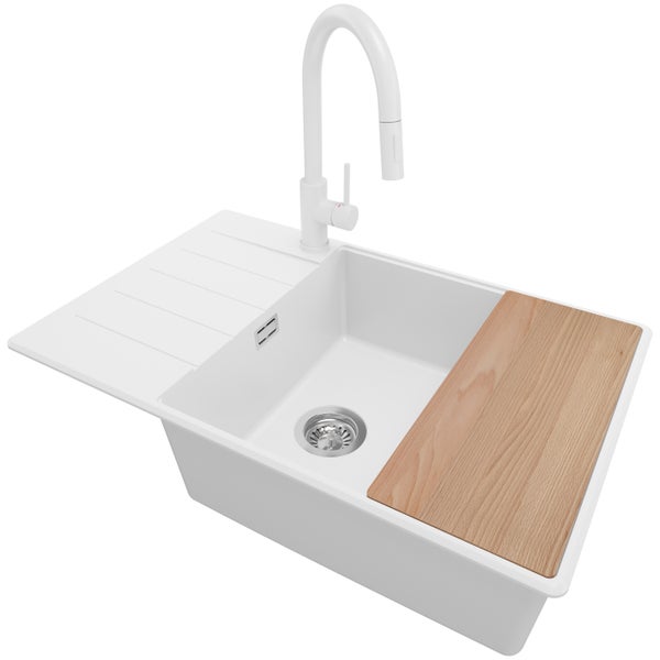 PRIMAGRAN Granitspüle Weiß 78x50cm, Spülbecken 1 Becken + Küchenarmatur 40x20cm + Ablauf-Set + Schneidebrett, Küchenspüle ab 60er Unterschrank - Kopenhagen