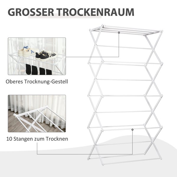 HOMCOM Wäscheständer, 74 x 35 x 144 cm, Metal, Kunststoff, Weiß