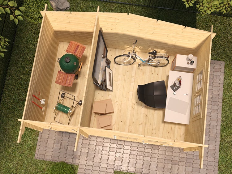 Draufsicht auf ein Holzgartenhaus mit zwei Räumen. Ein Raum enthält Grill und Gartengeräte, der andere einen Schreibtisch und ein Fahrrad.