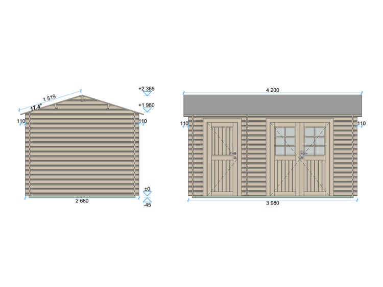 Technische Zeichnung eines Gartenhauses aus Holz mit Maßen, Vorderansicht mit Türen und Seitenansicht der Giebelseite.