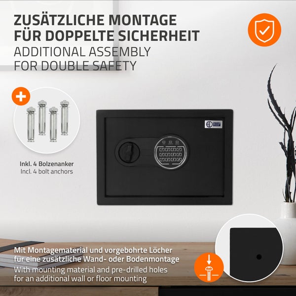 ECD Germany Safe Tresor 16L 35x25x25cm, stabiler Stahl, Wandtresor mit Sensorlicht & Digitale Tastatur für Schmuck Bargeld Dokumente, Elektronischer Möbeltresor Geldkassette mit PIN-Code & Schlüssel