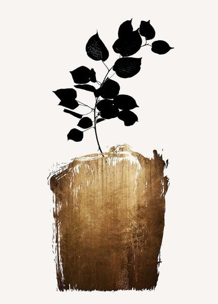 Modernes Wandbild mit schwarzer Pflanzensilhouette auf einer goldfarbenen, strukturierten Fläche.