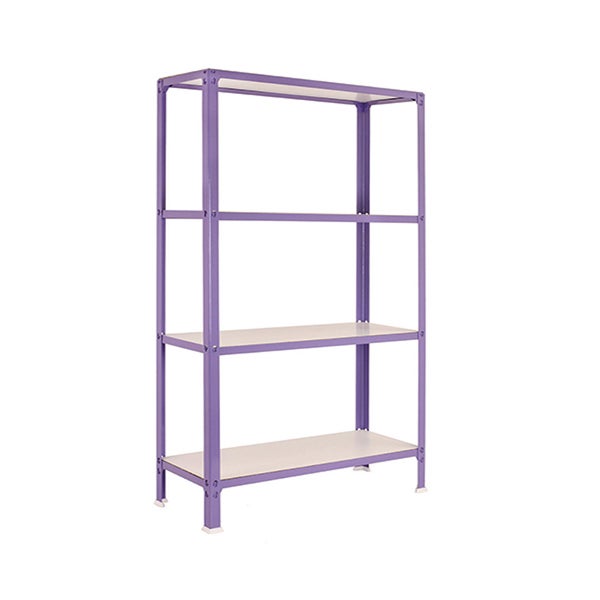 Lila Schwerlastregal aus Metall mit vier Fachböden.