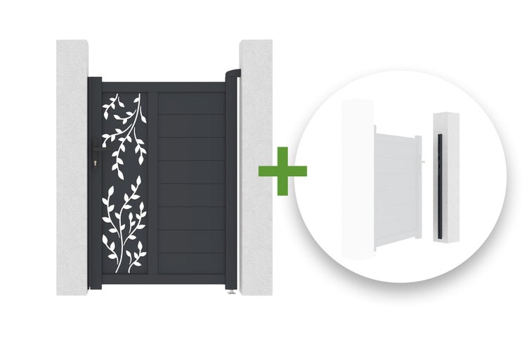 Aluminium-Gartentor in Anthrazit mit dekorativem Blättermuster, inklusive Drückergarnitur und Montageschiene.