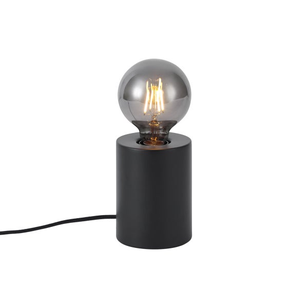 Moderne Tischleuchte mit schwarzem zylindrischem Sockel und großer LED-Filament-Lampe aus Rauchglas.
