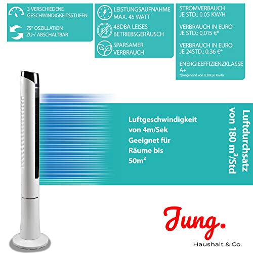 JUNG TVE24 Turmventilator 120cm mit Fernbedienung, Ventilator, Säulenventilator, Luftkühler 45W