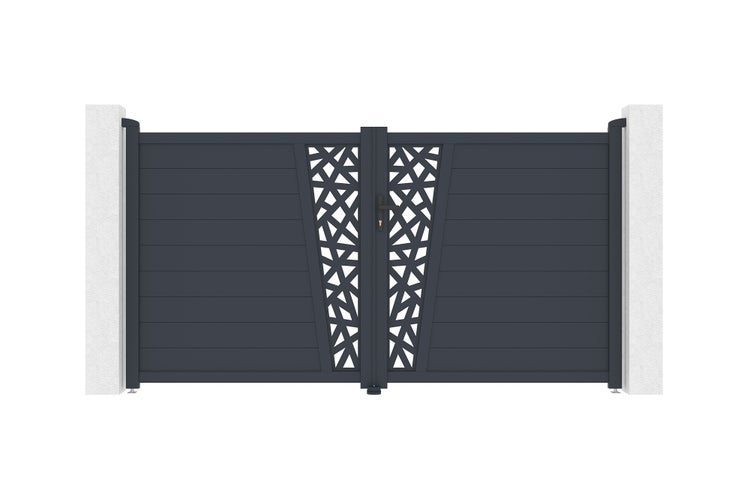 Zweiflügeliges Einfahrtstor aus Aluminium in Anthrazit mit horizontalen Lamellen und dekorativem Lochblechmuster in der Mitte.