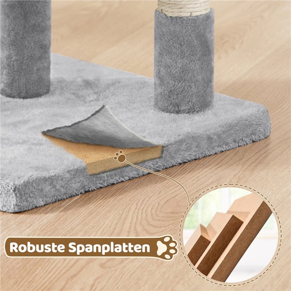 Detailansicht einer Kratzbaumplattform mit Spanplattenkern und weichem Bezug