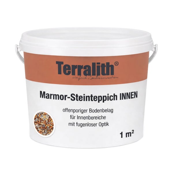 Terralith Logo, weißer Eimer mit Marmor-Steinteppich für Innenbereiche, offenporiger Bodenbelag für 1 Quadratmeter.