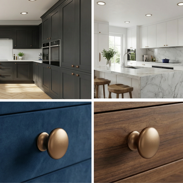 Collage verschiedener Küchenstile mit Küchenschränken und Schubladenknöpfen