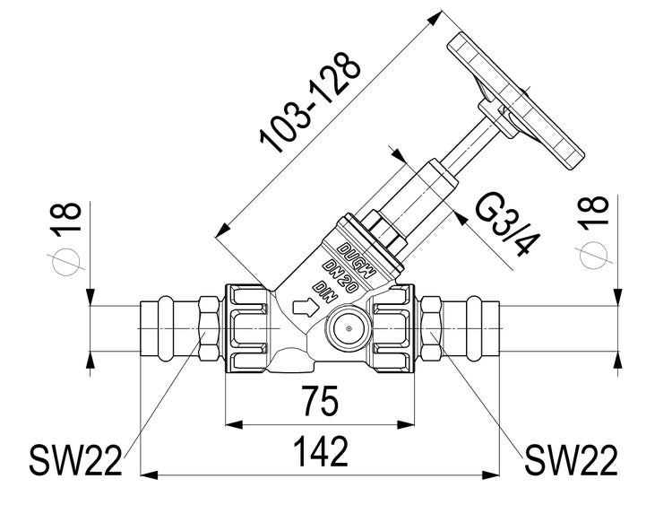 Maßzeichnung Schrägsitzventil, Anschlussdurchmesser 18 Millimeter, Gesamtlänge 142 Millimeter, Nennweite 20 und Schlüsselweite 22.