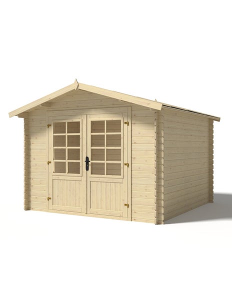 Gartenhaus aus Holz mit Satteldach und Doppeltür mit Fensterelementen