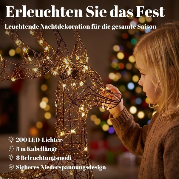 Beleuchtete Weihnachtsdekoration in Rentierform mit 200 LED Lichtern, 5 Meter Zuleitung, 8 Lichtmodi und Niederspannungstechnik.