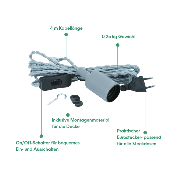 Parus by Venso E27 Lampenfassung Helix 4m Textilkabel Grau, Eurostecker, Venso Ecosolutions Lampenfassung E27 mit Kabel für E27 LED Lampe, Bulb Holder, Kabel für Lampe, Fassung E27