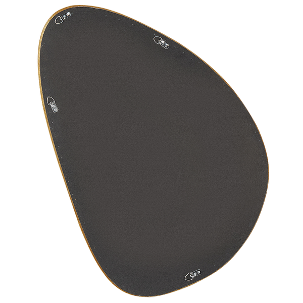 Rückseite eines asymmetrischen Wandspiegels in Kieselform mit vier Aufhängungen aus Metall.