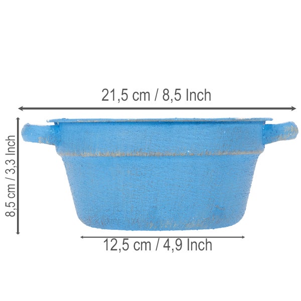 Blauer strukturierter Blumentopf mit zwei Henkeln. Breite oben 21,5 Zentimeter, unten 12,5 Zentimeter, Höhe 8,5 Zentimeter.