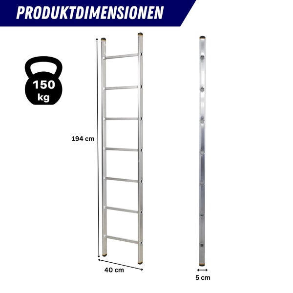 Aluminium Leiter mit den Produktabmessungen 194 cm Länge, 40 cm Breite und 5 cm Tiefe und maximaler Belastung von 150 kg