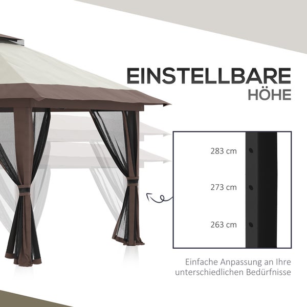 Outsunny Faltpavillon 4 x 4 m, Pavillon mit 4 Moskitonetz, Höhenverstellbares Pop-Up-Zelt UV-Schutz 50+, Partyzelt mit Doppeldach, Tragetasche, für Balkon, Campingplatz, Oxford-Polyester Beige
