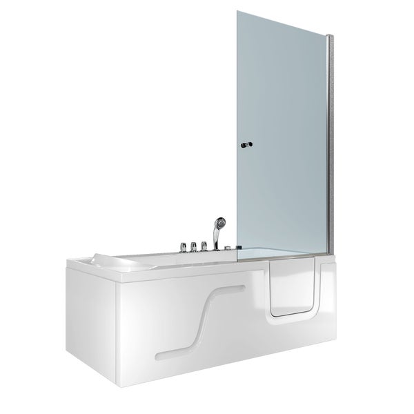 Seniorenbadewanne mit seitlicher Einstiegstür, Duschabtrennung aus Glas, Armaturen, Handbrause und Massagedüsen.