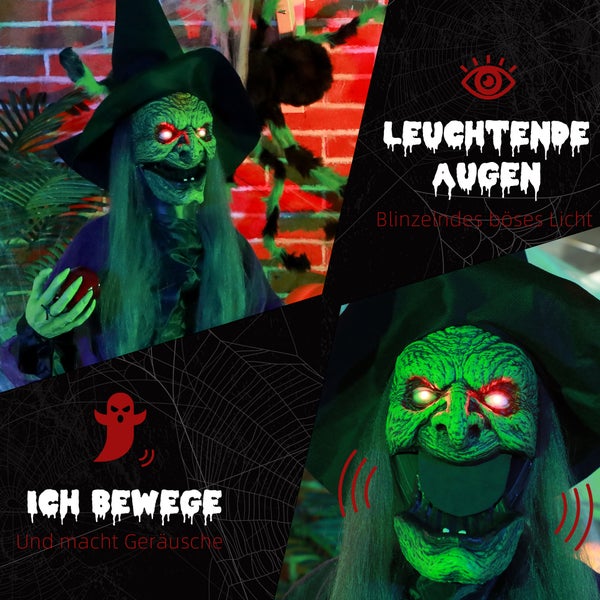 HOMCOM 180cm Halloween Dekoration Halloween-Hexe mit Giftapfel LED-Lichter, Soundfunktion, Haustür Deko mit verstellbare Arme, Garten Dekofigur in Lebensgröße für Party