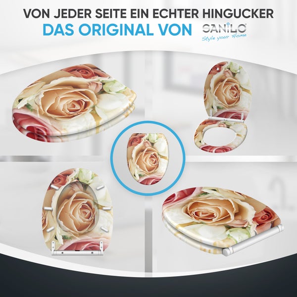 WC-Sitz von Sanilo mit Rosenmotiv in verschiedenen Ansichten: geschlossen, geöffnet und von unten. Sanilo Logo.