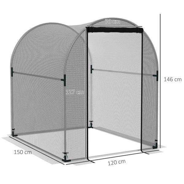 Tomatenschutz mit Netzgewebe und Bodenankern für einen stabilen Stand im Garten.