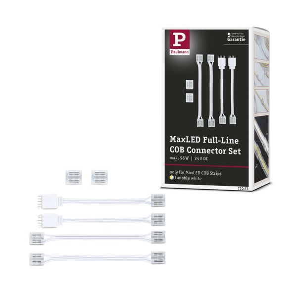 Paulmann MaxLED Full-Line COB Verbinder Set für LED Streifen, 24 Volt, inklusive 4 Verbindungskabel und 2 Clips, 5 Jahre Garantie.