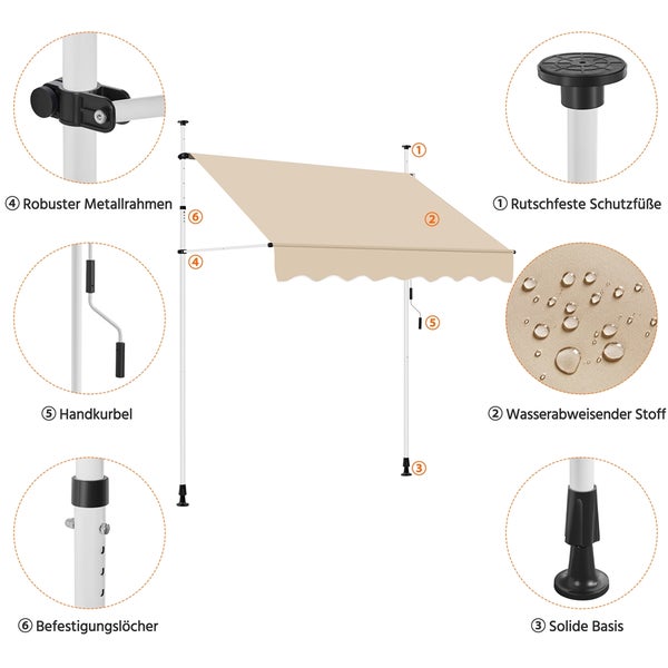 Freistehende Markise mit wasserabweisendem Stoff, Handkurbel und soliden Füßen
