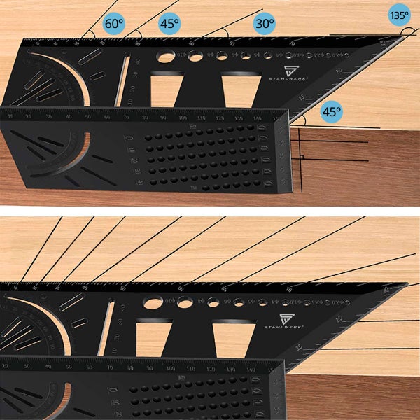 STAHLWERK 2er Set Gehrungswinkel-Lineal mit Anschlag und Bohrlehre 3D-Winkel