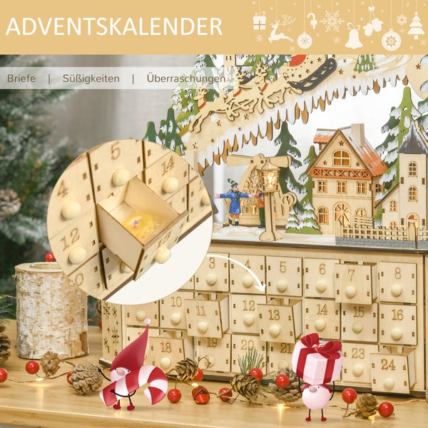 Hölzerner Adventskalender mit 24 nummerierten Schubladen und einer festlichen Winterszene mit kleinen Häusern und dem Weihnachtsmann.