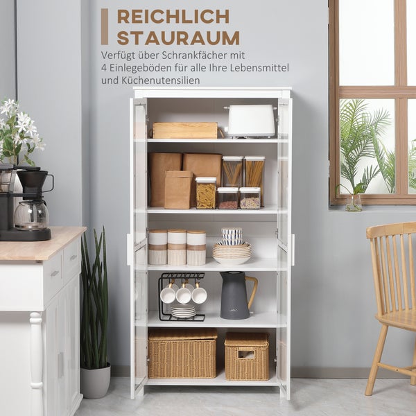 HOMCOM Küchenschrank Hochschrank Küchenbuffet mit 2 Glastüren Esszimmerschrank Vitrinenschrank mit 2 verstellbaren Innenböden Kippschutz Spanplatte Weiß 80 x 39,5 x 160 cm