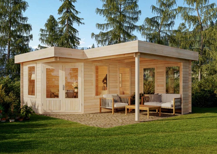 Alpholz 5-Eck Gartenhaus Leelo-40 mit Anbau Gartenhaus aus Holz, Holzhaus mit 40 mm Wandstärke inklusive Schleppdach Blockbohlenhaus, Naturbelassen