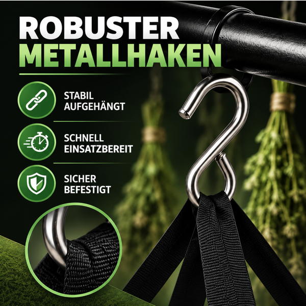 Zusammengeklappter, runder Pflanztopf oder Aufbewahrungskorb aus Netzmaterial, platzsparend verstaut in einem Regalfach.