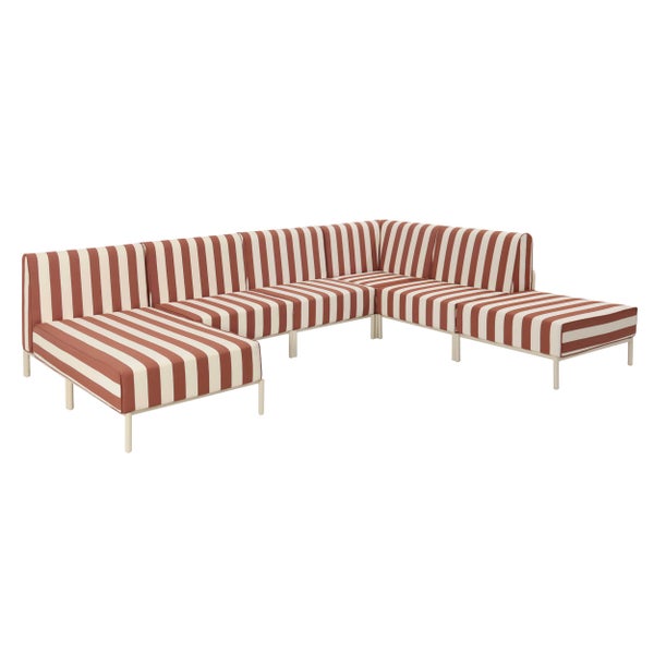 Modulares Garten-Lounge-Set in U-Form mit rot-weiß gestreiften Polstern und hellem Metallgestell.